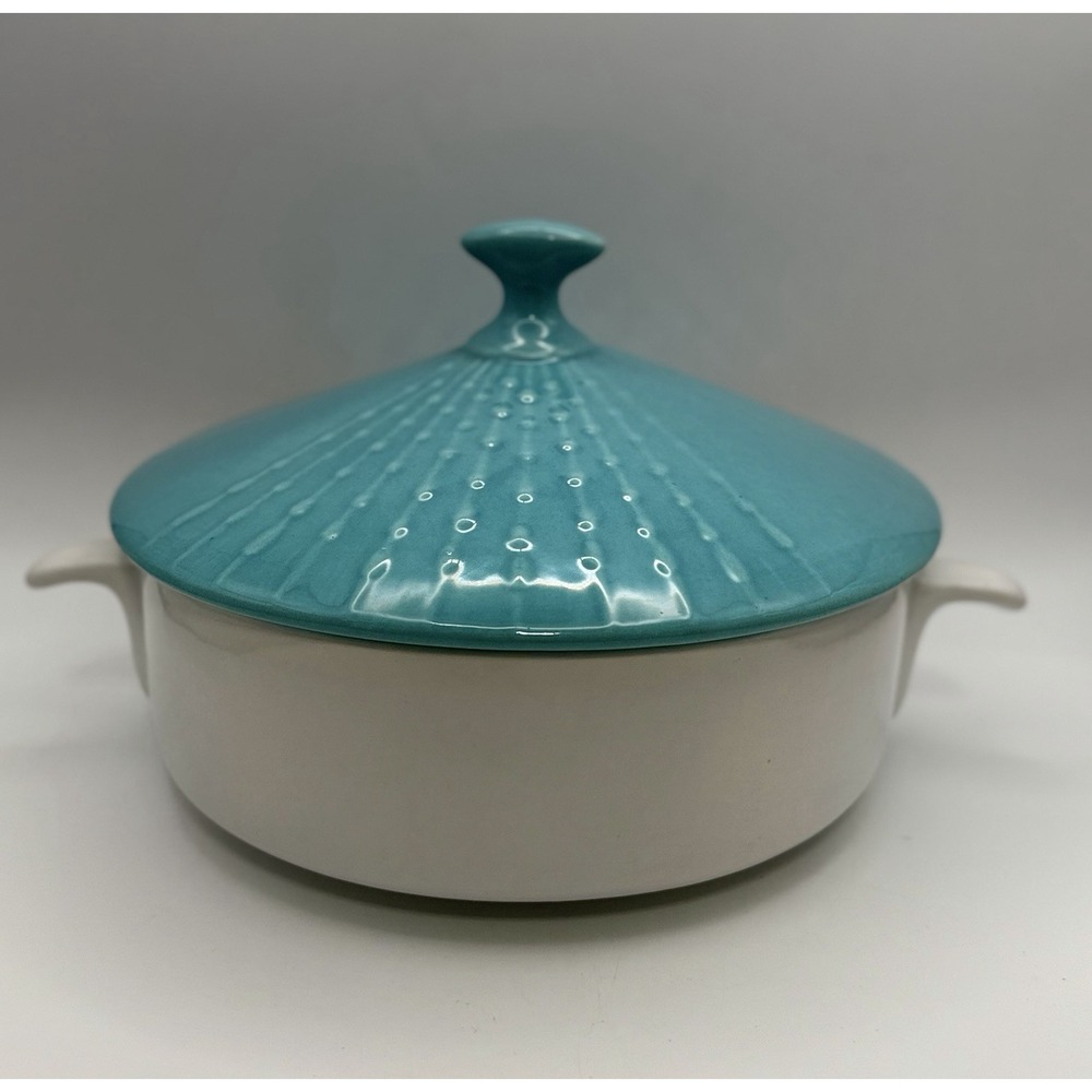 Vintage California Pottery Atomic Turquoise Lidded White USA Casserole Dish MCM
